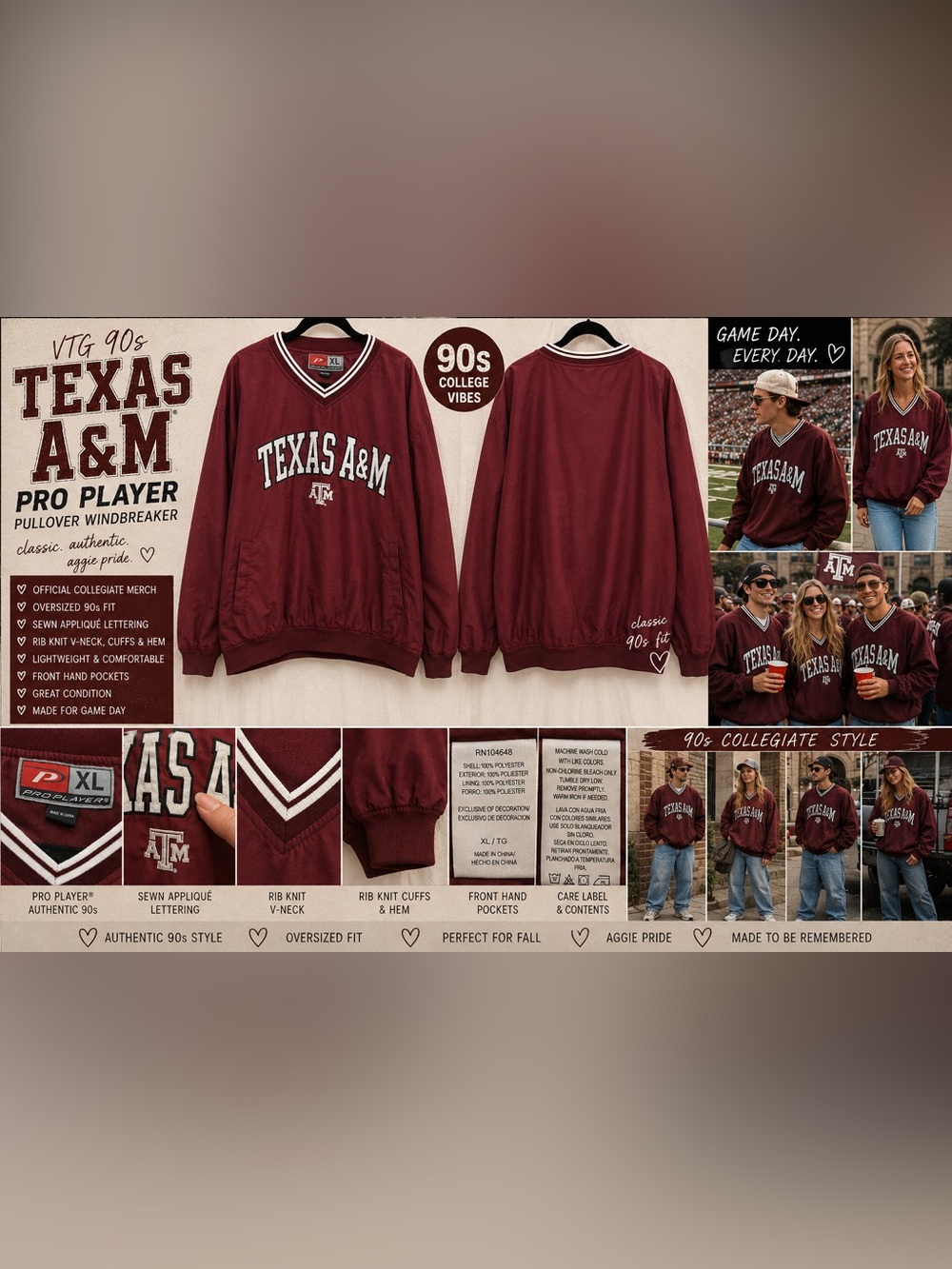 VTG 90s Pro Player Texas A&M Aggies Windbreaker XL Maroon Pullover EUC